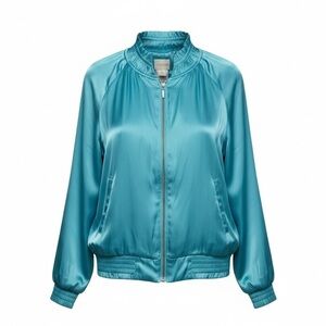 Chico’s Shirred Satin Zip Jacket Teal Blue Women’s Size L Lightweight